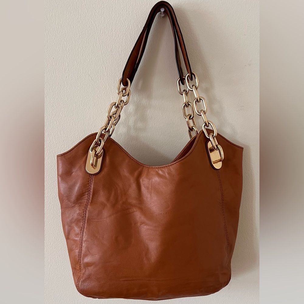 Michael Kors Brown Leather Shoulder Bag with Gold Chain
